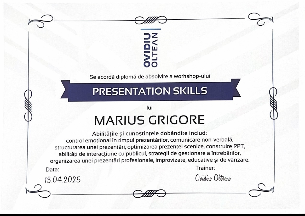 Presentation Skills workshop diploma awarded to Marius Grigore